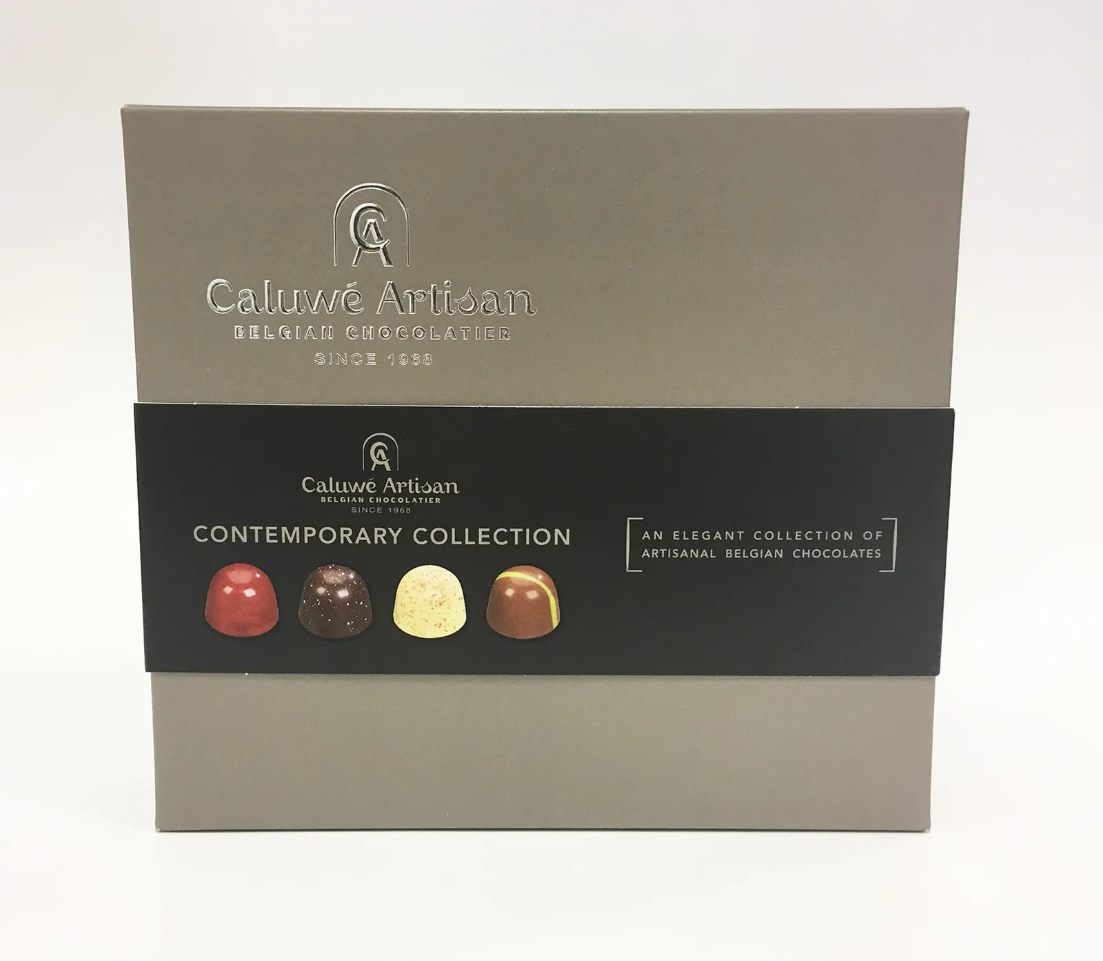 Caluwé Artisan Contemporary Collection chocolate box in taupe board with an embossed logo and a black printed belly band