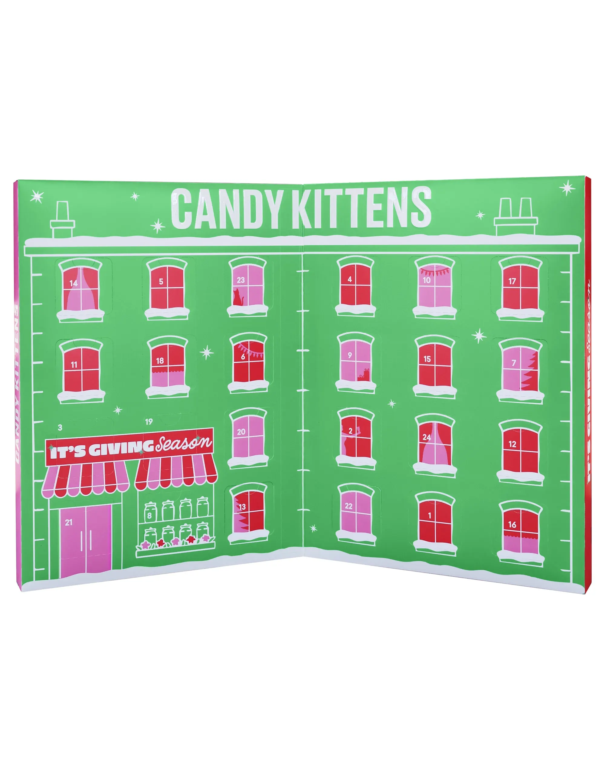 The Candy Kittens advent calendar opened out flat, printed green with twenty-four numbered windows
