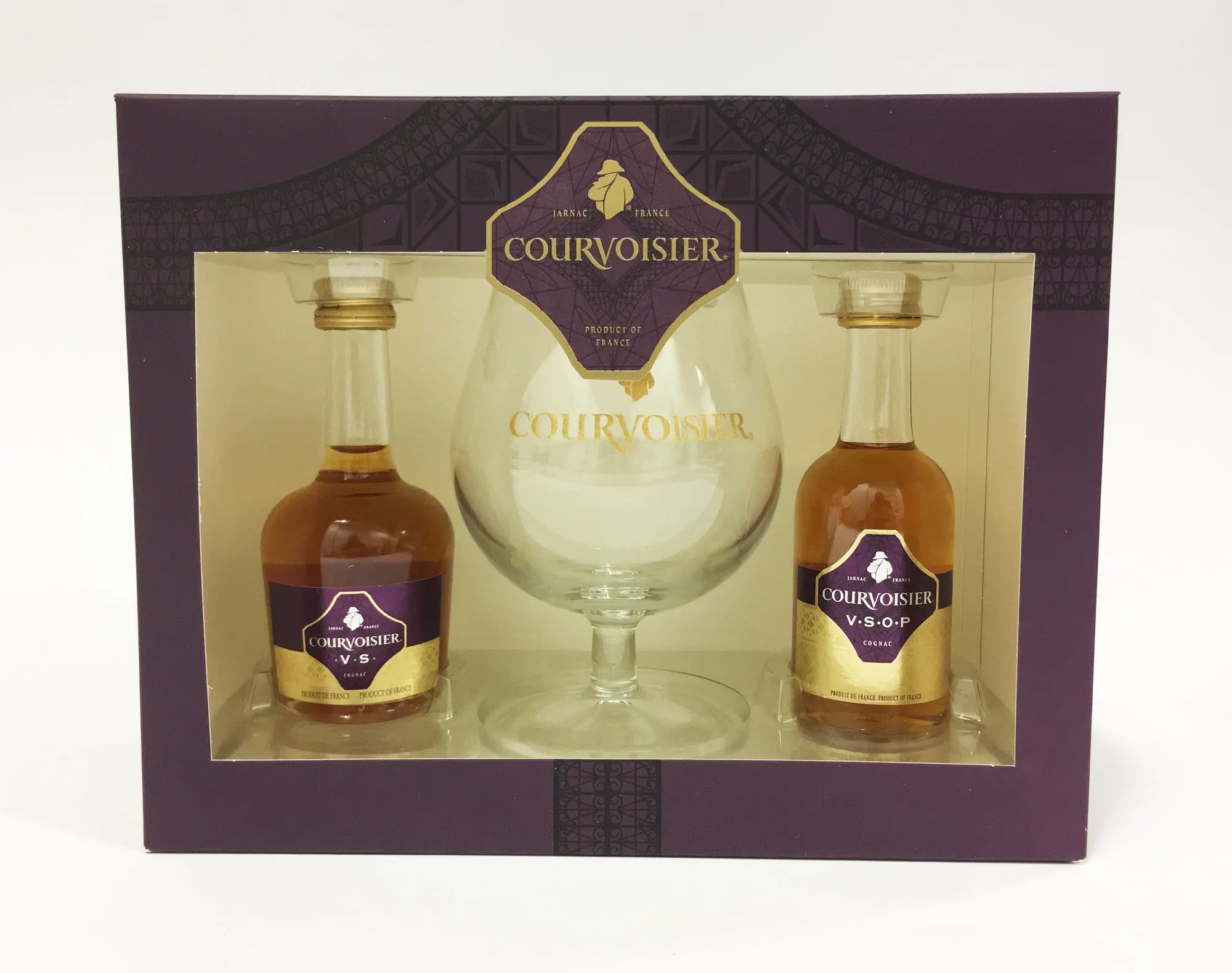 Courvoisier gift carton with a die-cut arch window presenting two miniatures and a branded glass