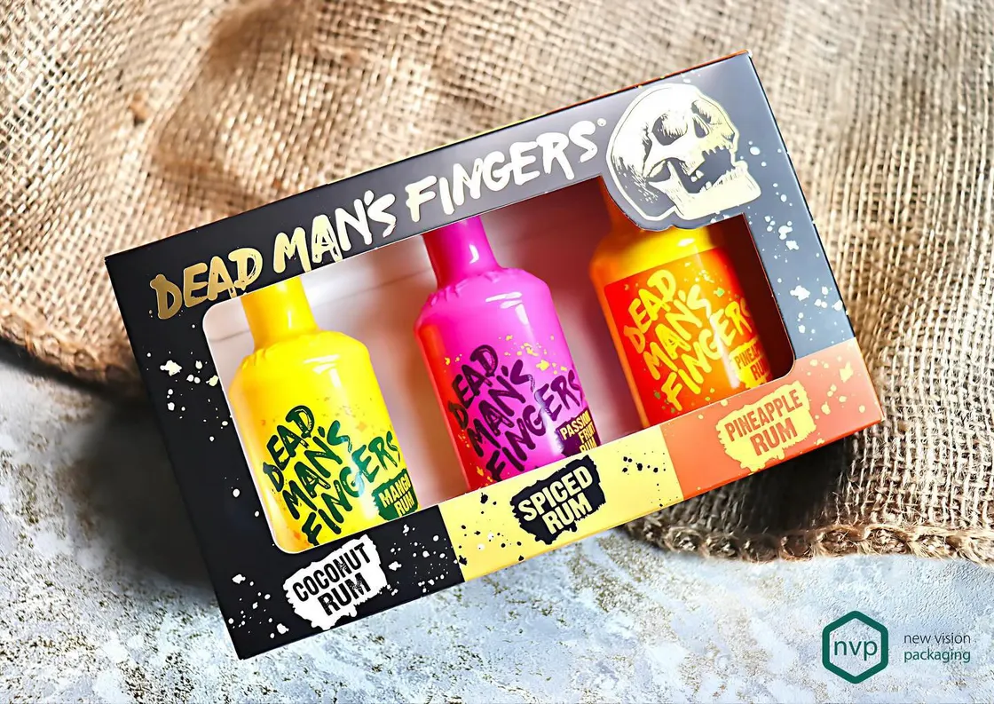 Dead Man's Fingers rum gift carton with a die-cut window presenting three miniature bottles