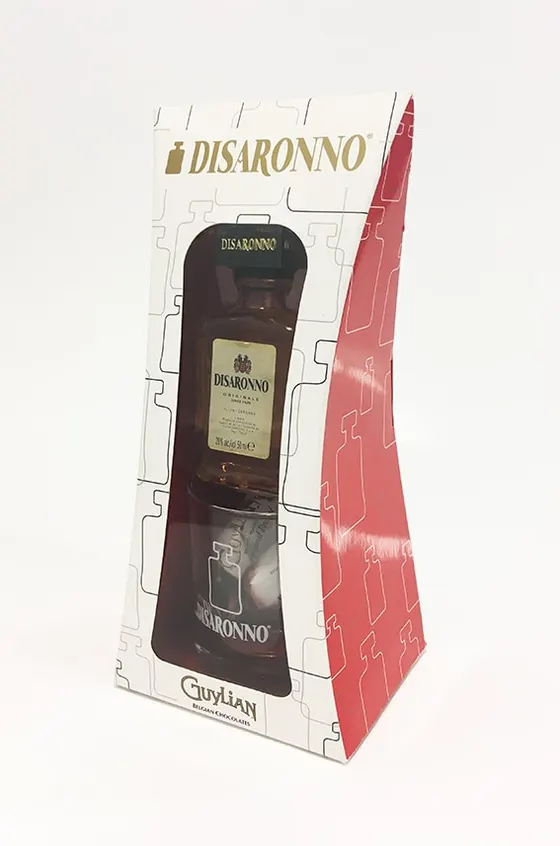 Curved Disaronno and Guylian gift carton with a die-cut front panel presenting the bottle