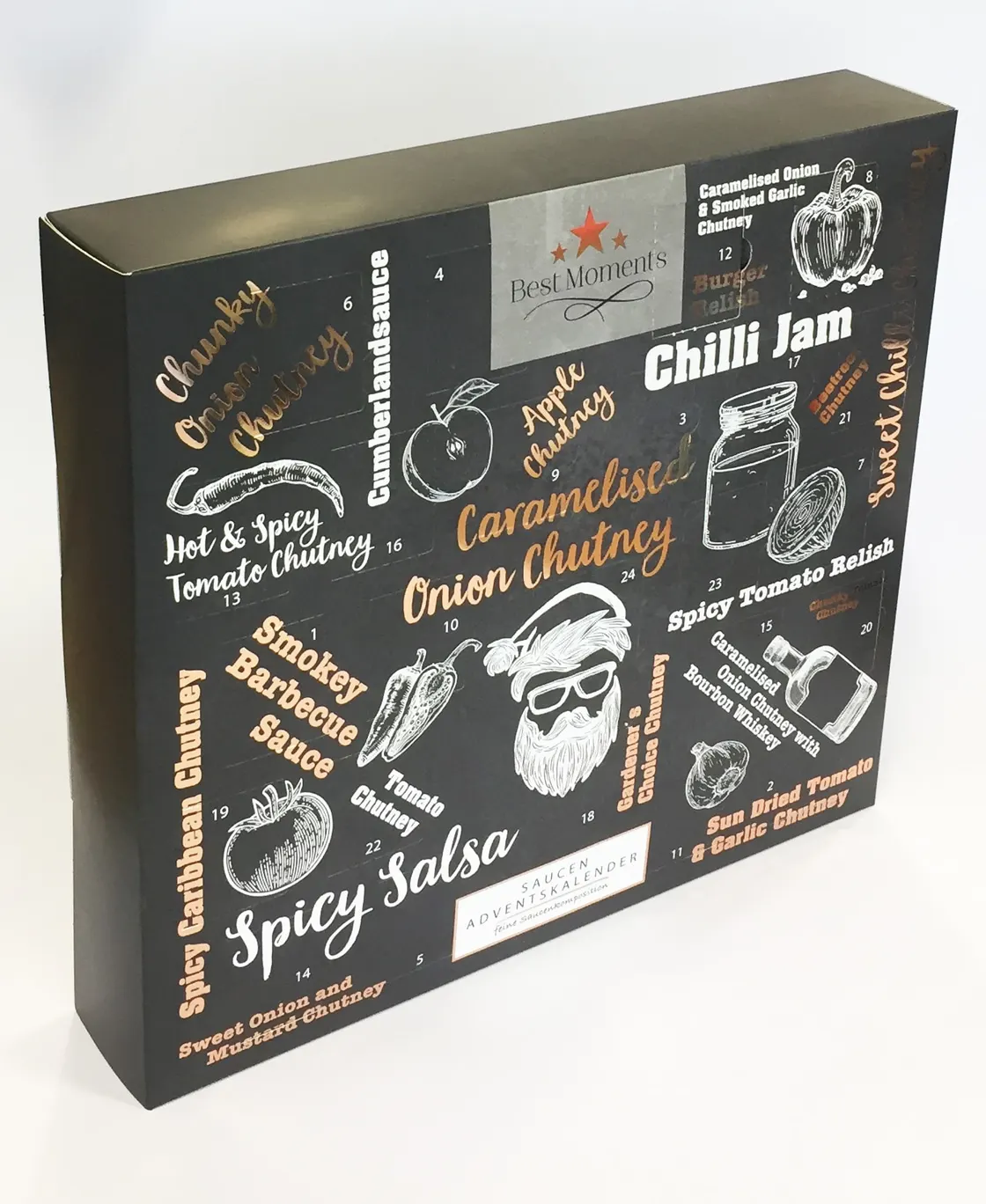 Best Moments sauce advent calendar printed chalkboard-style with twenty-four numbered chutneys, relishes and sauces