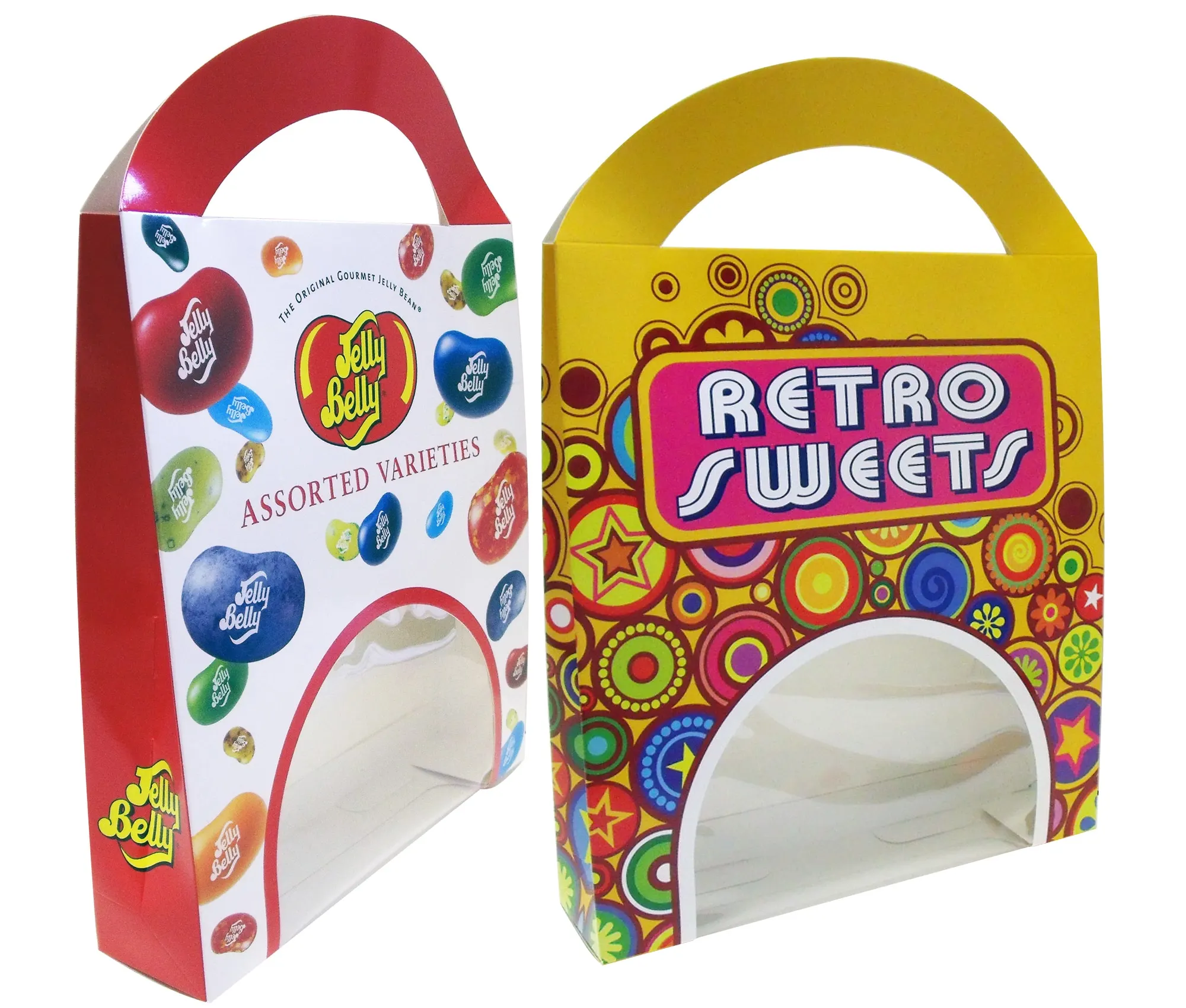 Jelly Belly and Retro Sweets carrier cartons with die-cut handles and windows across the front