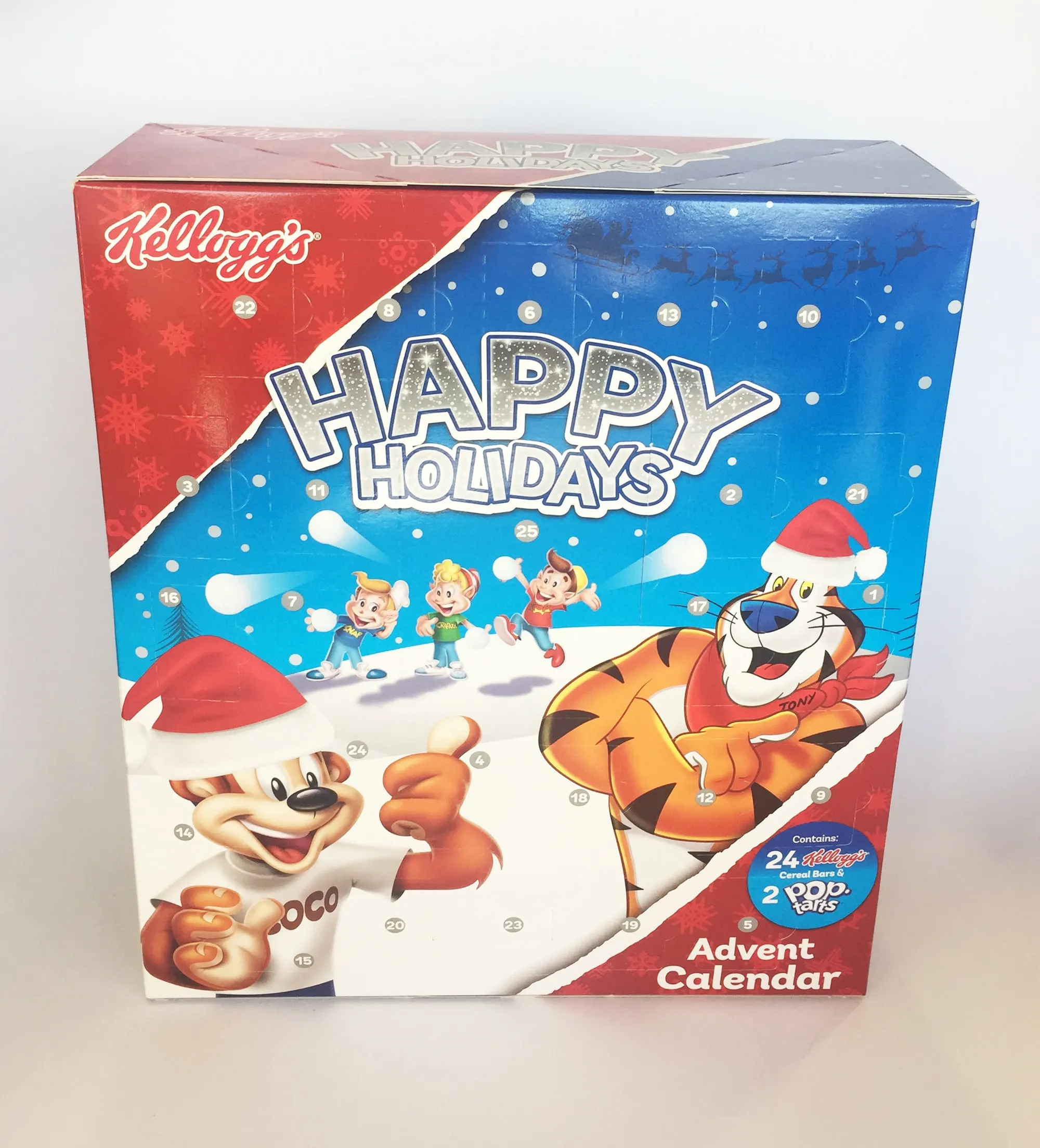 Kellogg's Happy Holidays advent calendar printed with Tony the Tiger in a snow scene