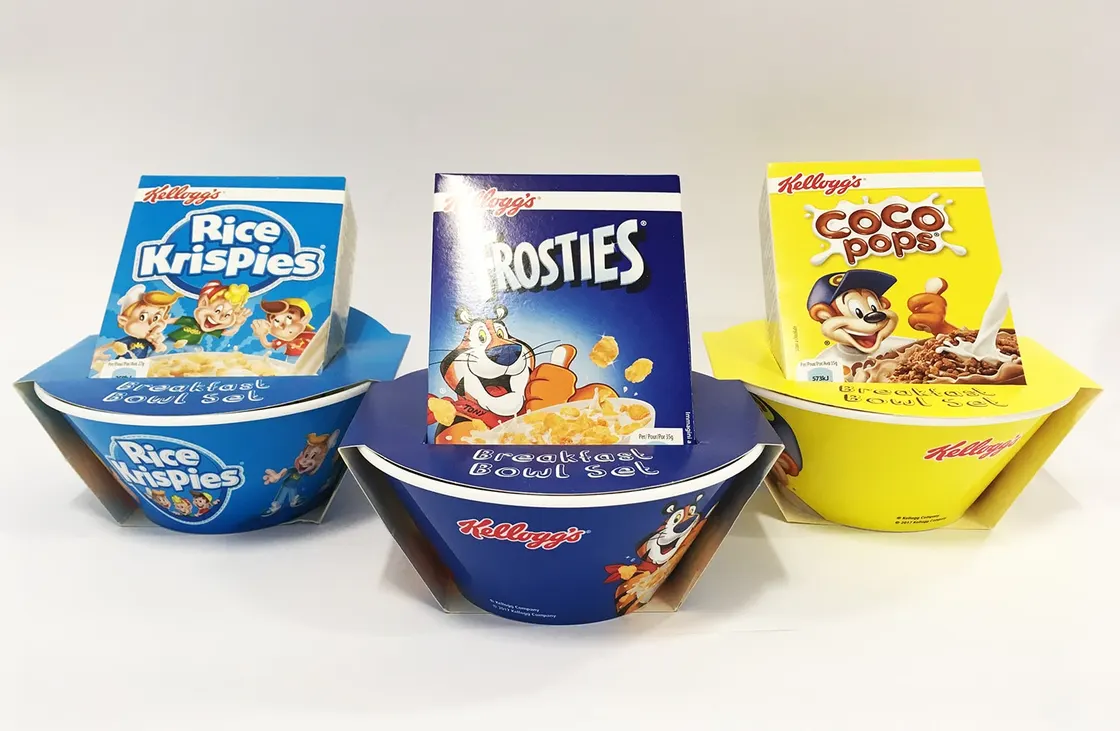 Three Kellogg's breakfast bowl sets for Rice Krispies, Frosties and Coco Pops, with the formed board bowls in front of each carton