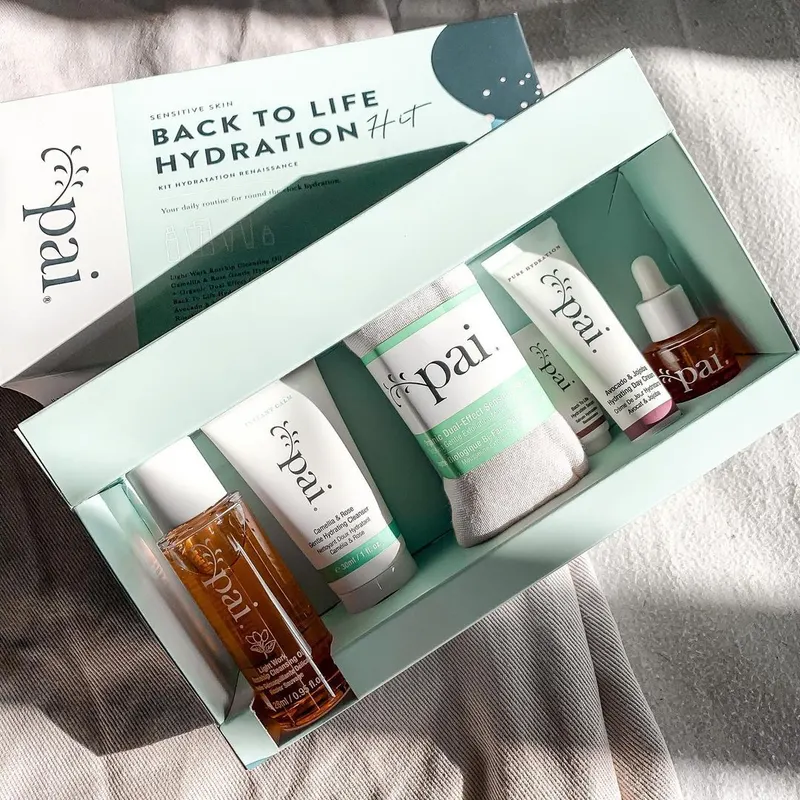 Pai Skincare Back to Life Hydration Kit, the bottles and tubes held upright in a printed card fitment inside the open carton