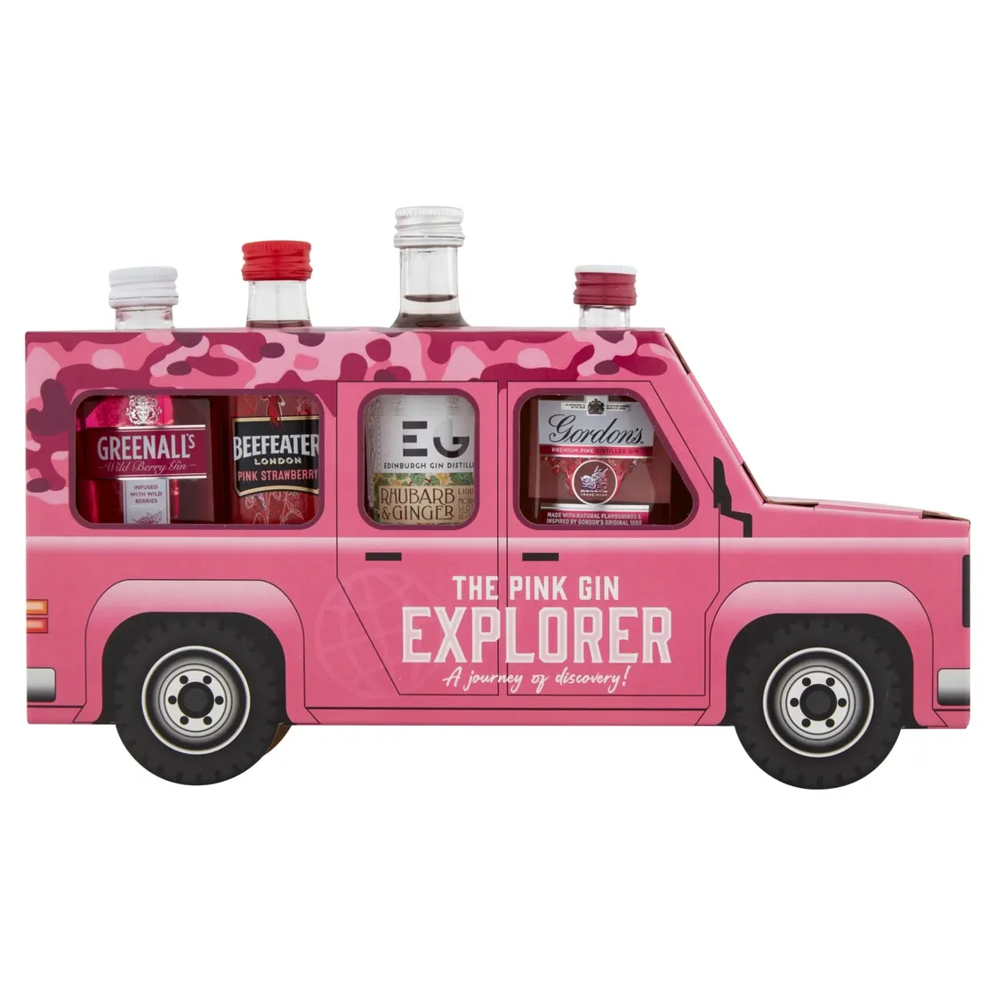 Sainsbury's Pink Gin Explorer gift pack die-cut and printed as a pink jeep carrying four gin miniatures