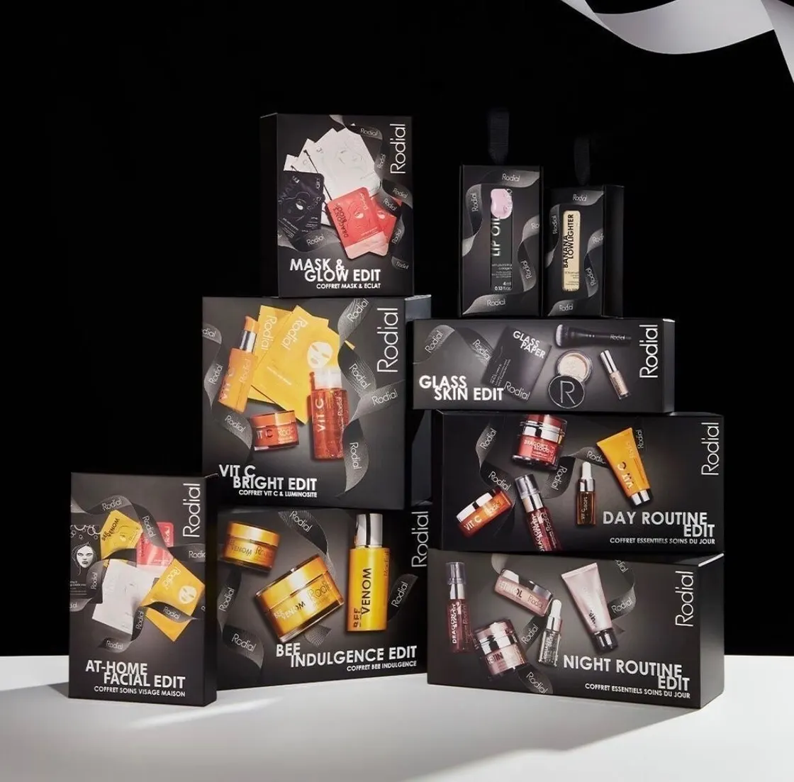 Rodial gift edit cartons stacked into a pyramid, each printed with the products it holds
