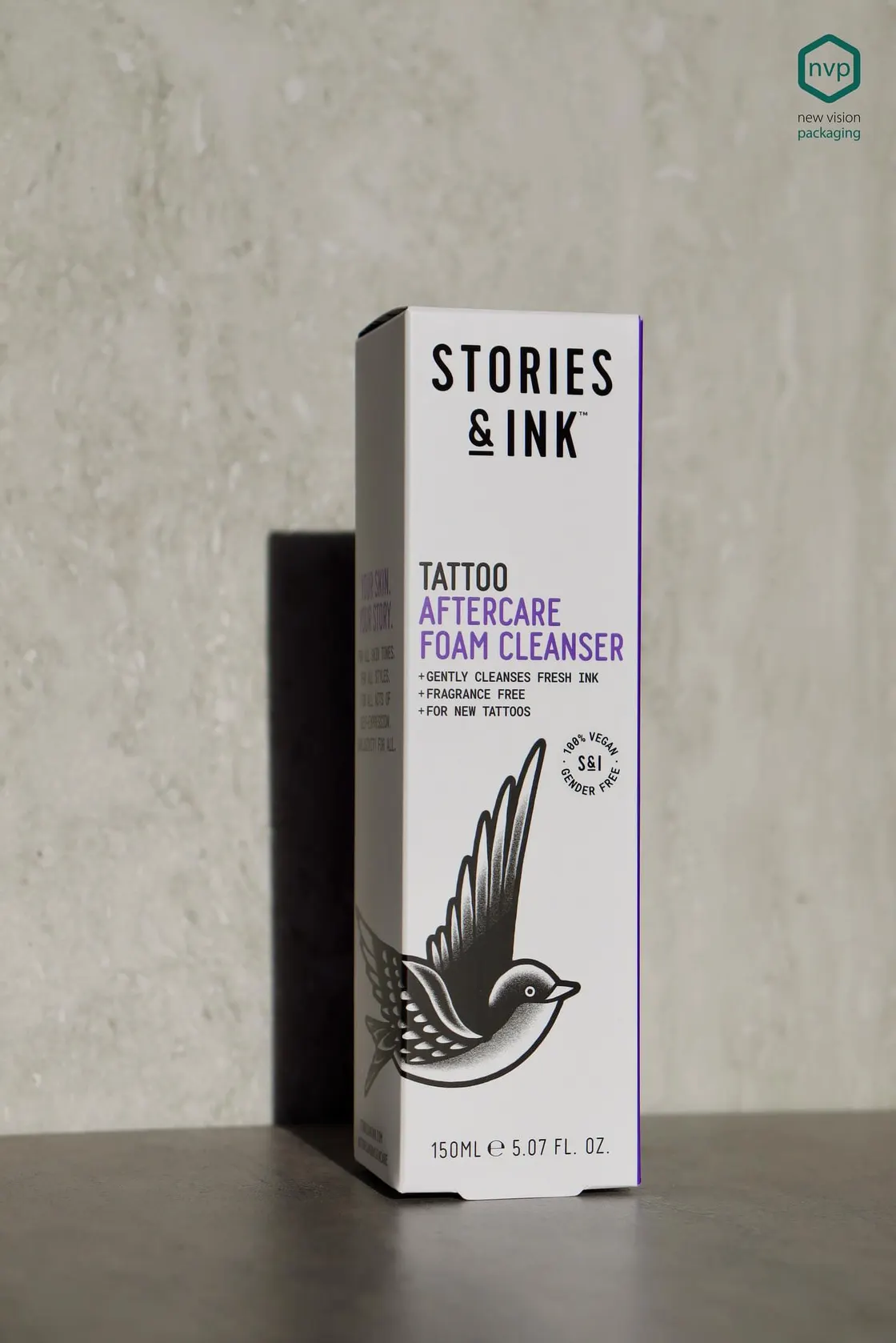 A single Stories & Ink Aftercare Foam Cleanser carton printed with a swallow tattoo illustration