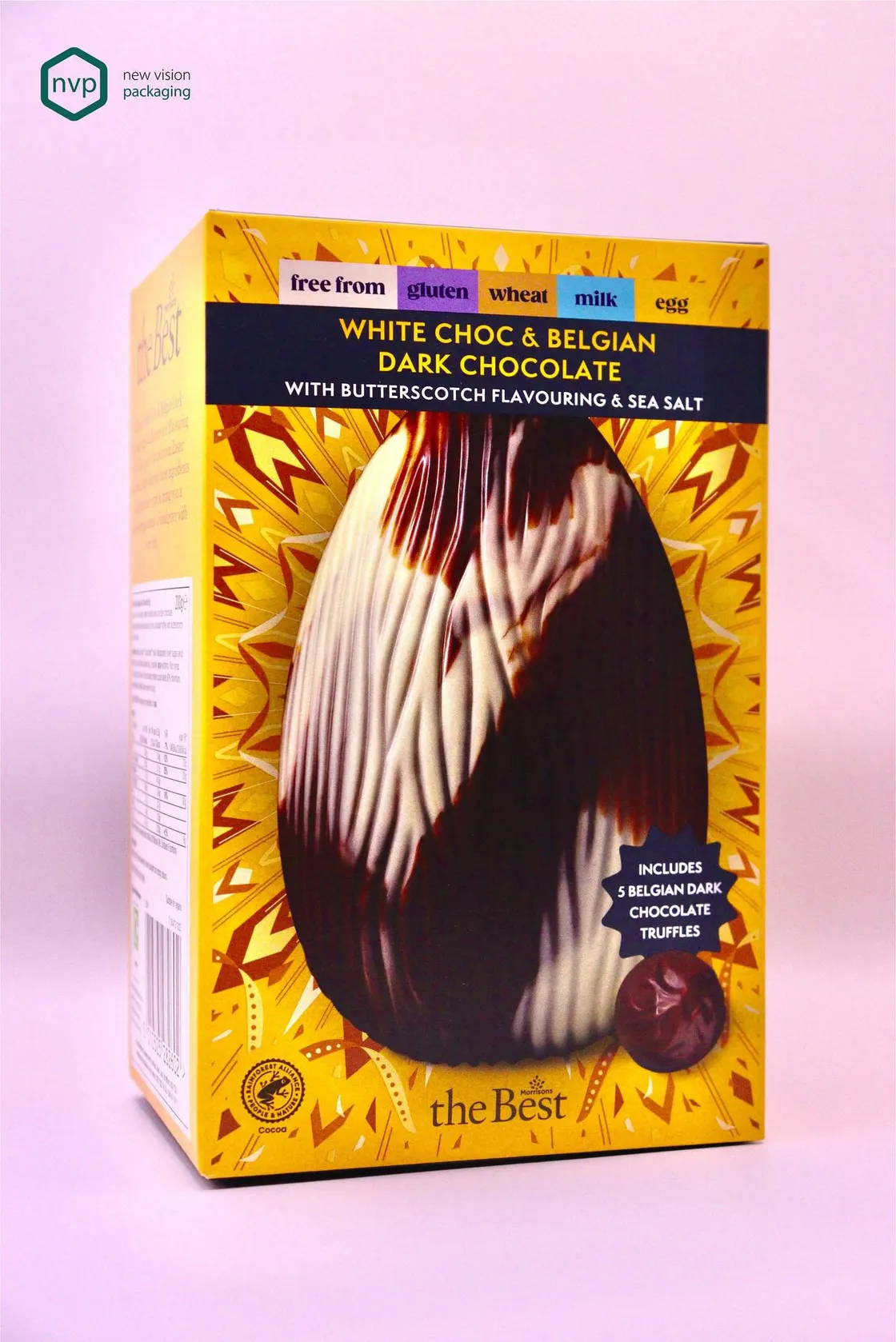 The Best white chocolate and Belgian dark chocolate egg carton, gold-printed and photographed on a pink ground