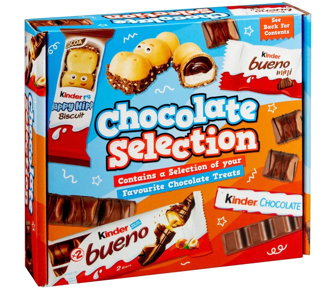 Kinder Chocolate Selection corrugated carton with full-colour print across the front and sides