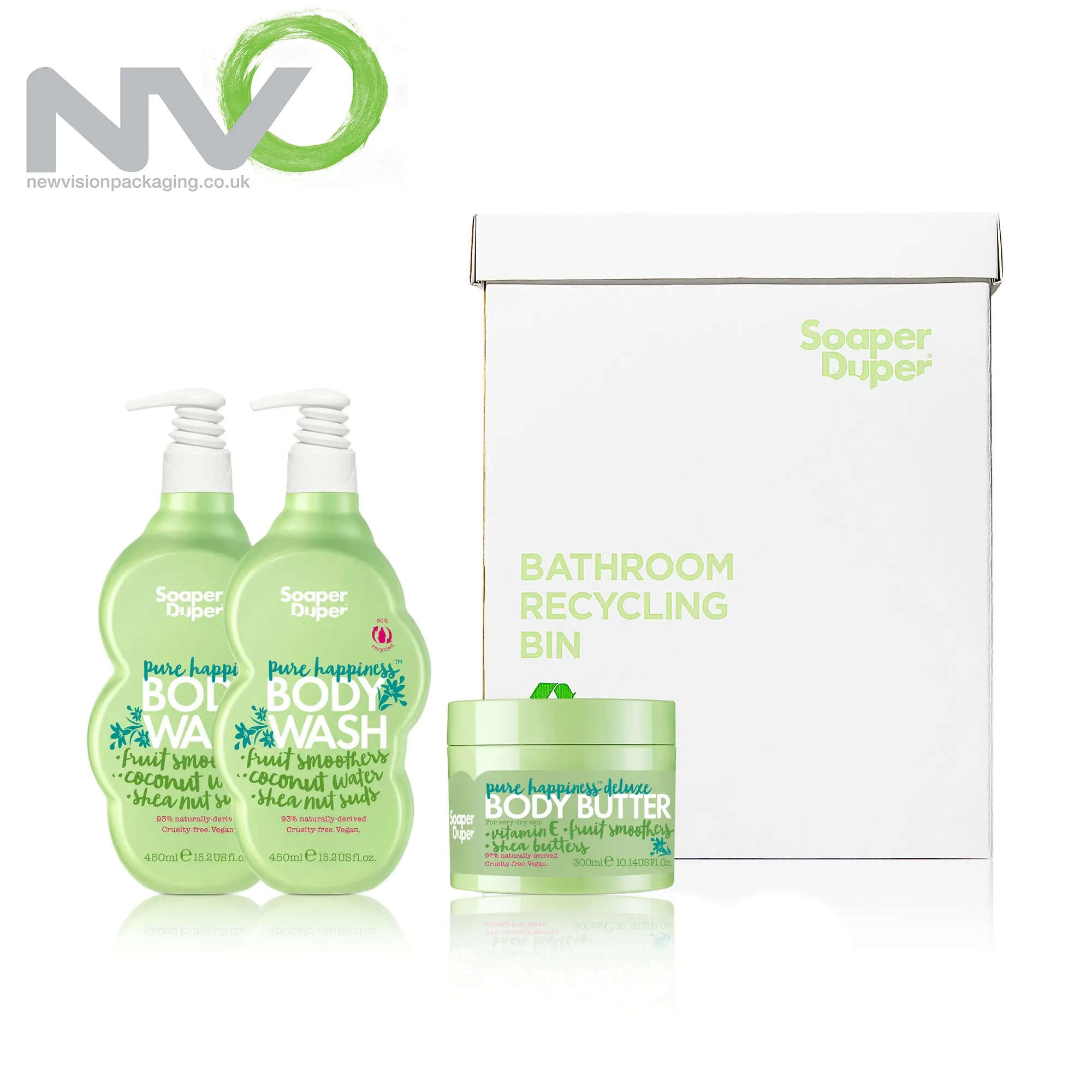 Flat-pack corrugated bathroom recycling bin beside Soaper Duper body wash and body butter