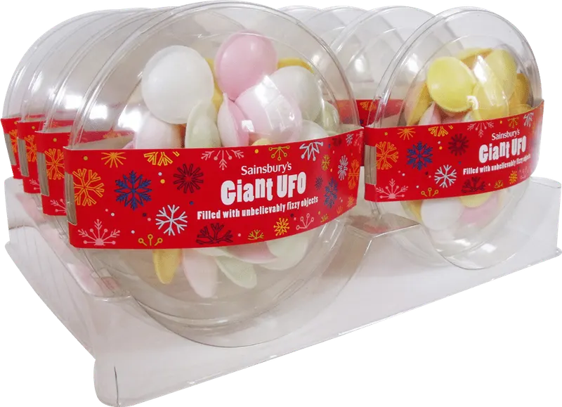 Sainsbury’s Giant UFO flying saucers in clear vacuum formed domes seated in a moulded display tray